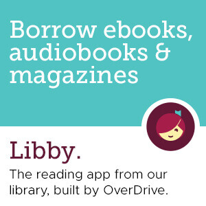 Libby icon: simple illustration of smiling young woman with a bookmark poking up from behind her hair, which covers most of her face. Text reads "Borrow ebooks, audiobooks & magazines. Libby. The reading app from our library, built by OverDrive"